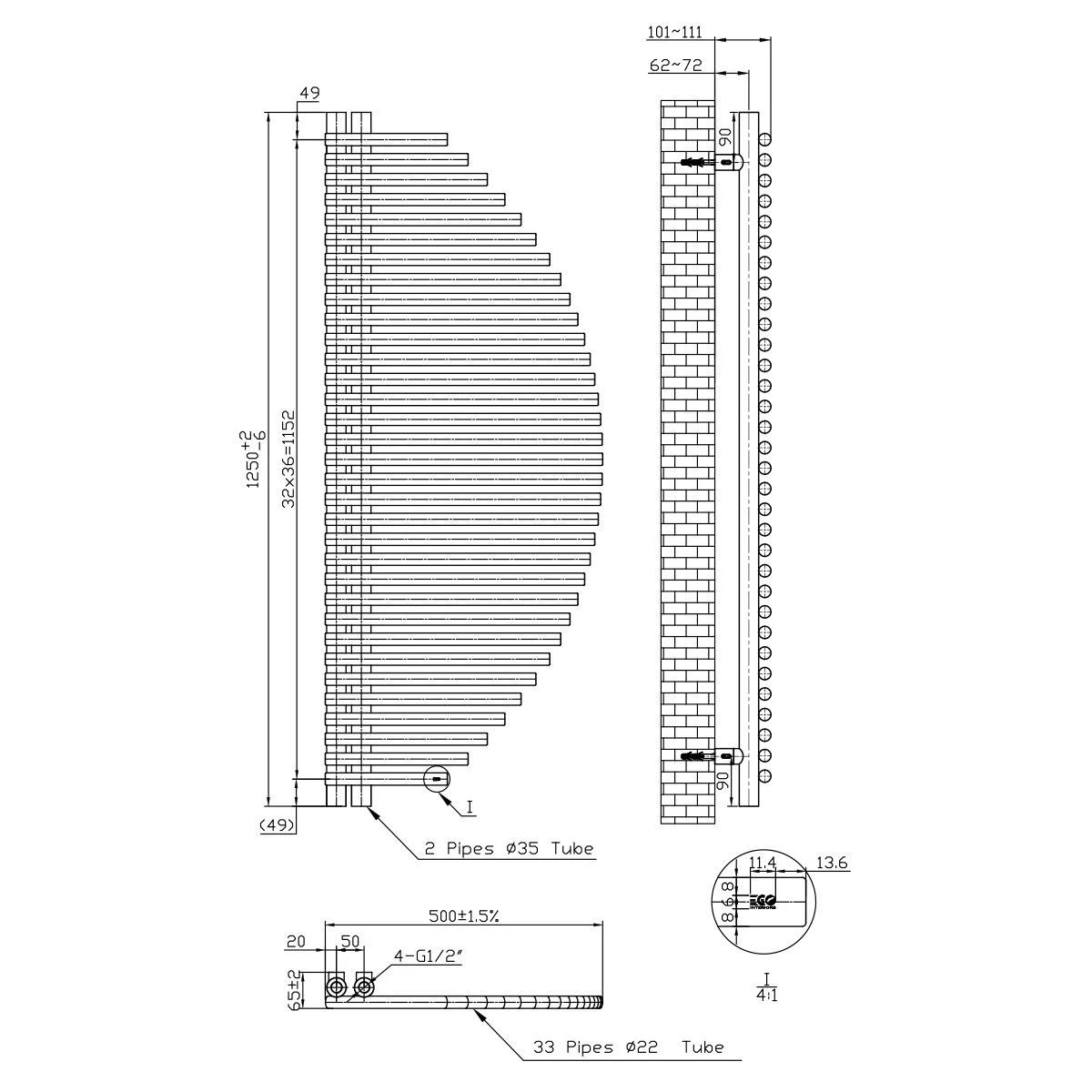 Calorifer, radiator, Portprosop din otel, 33 elementi, 585 W, 125x50 cm, Crem, Brisa Blanca