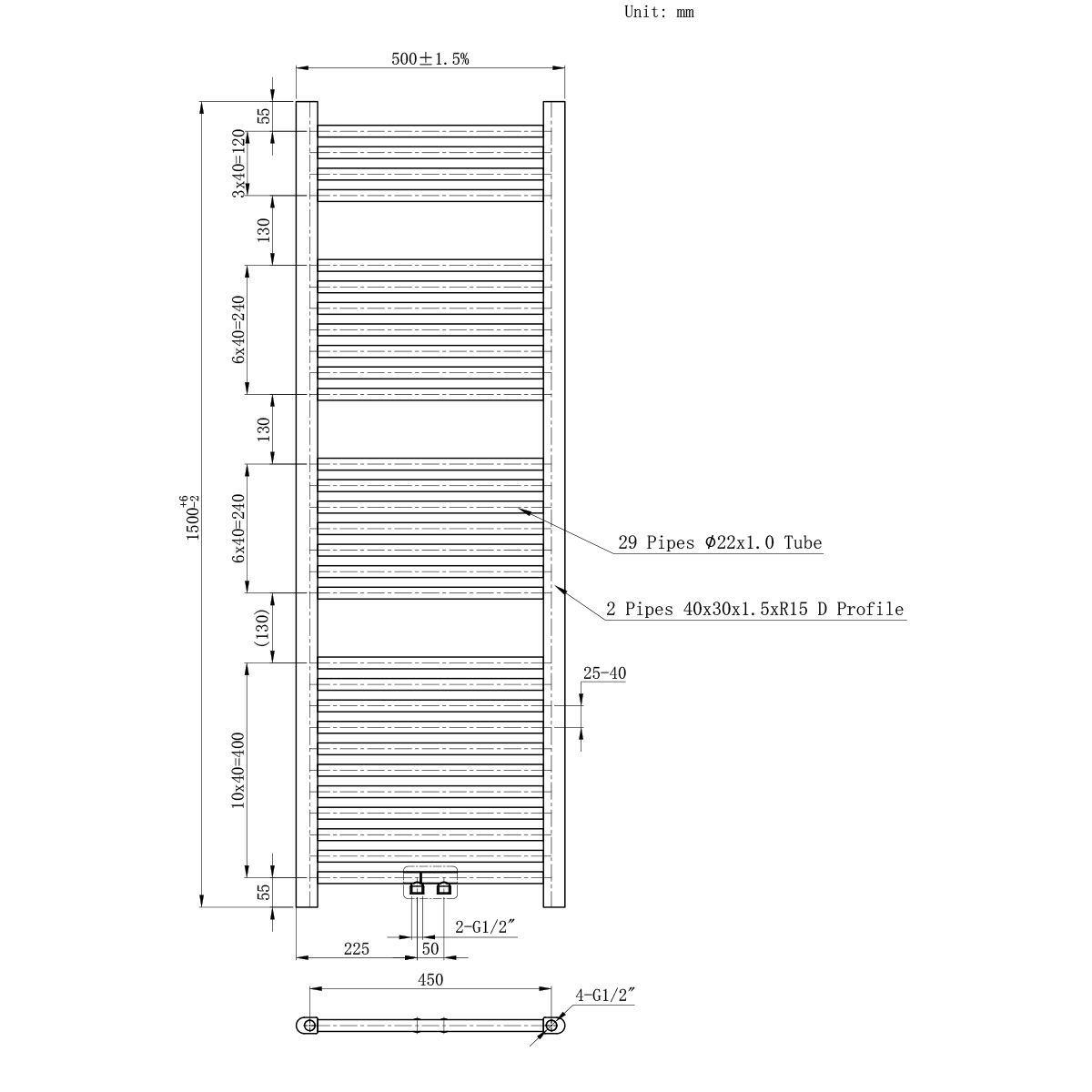 Calorifer, radiator Portprosop din otel, dimensiuni: 120,150,180x50 cm, Alb, Ferano