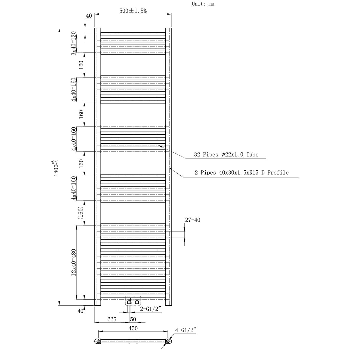 Calorifer, radiator Portprosop din otel, dimensiuni: 120,150,180x50 cm, Alb, Ferano