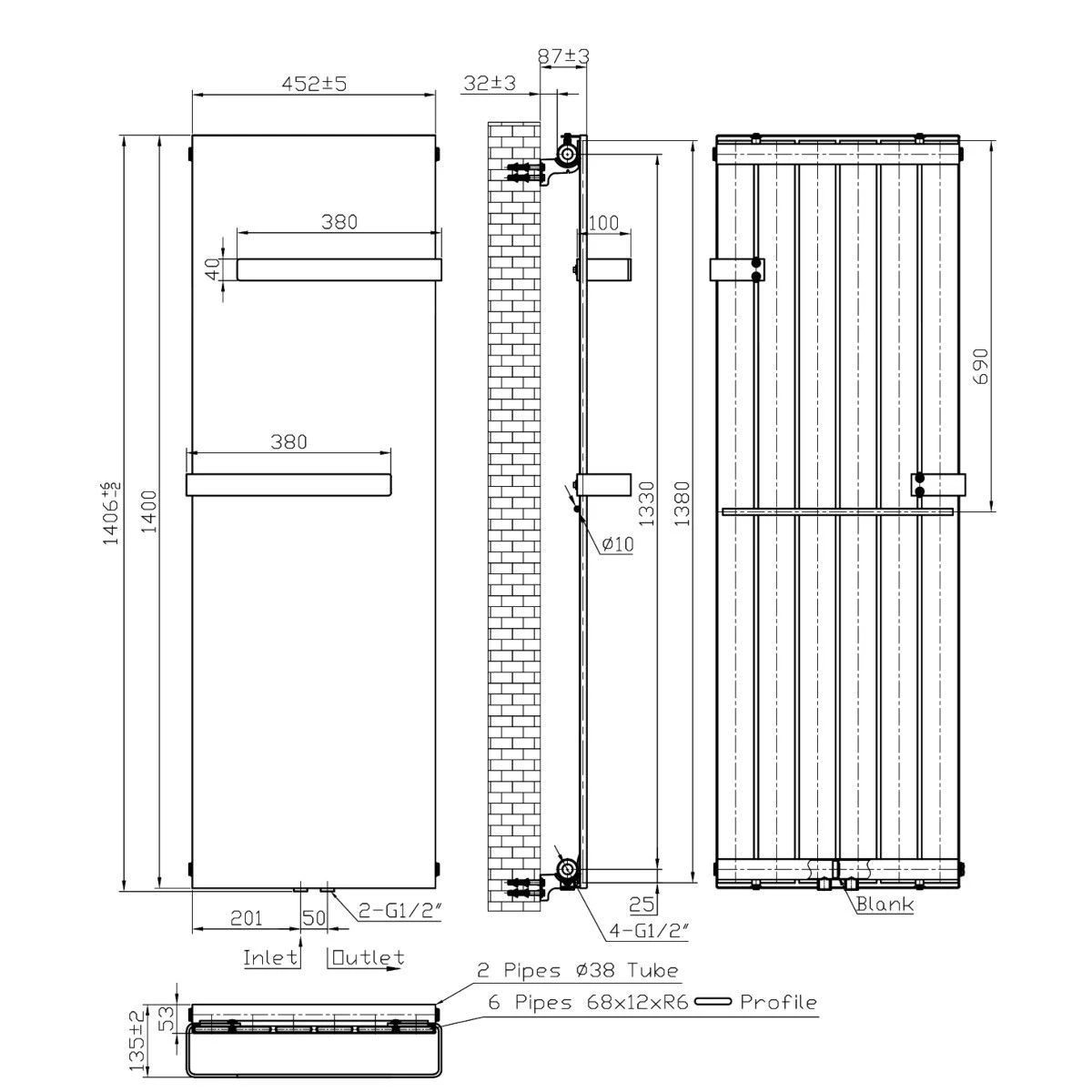 Calorifer, radiator Portprosop din otel, Negru Mat, 140 x 45 cm, Aphrodite