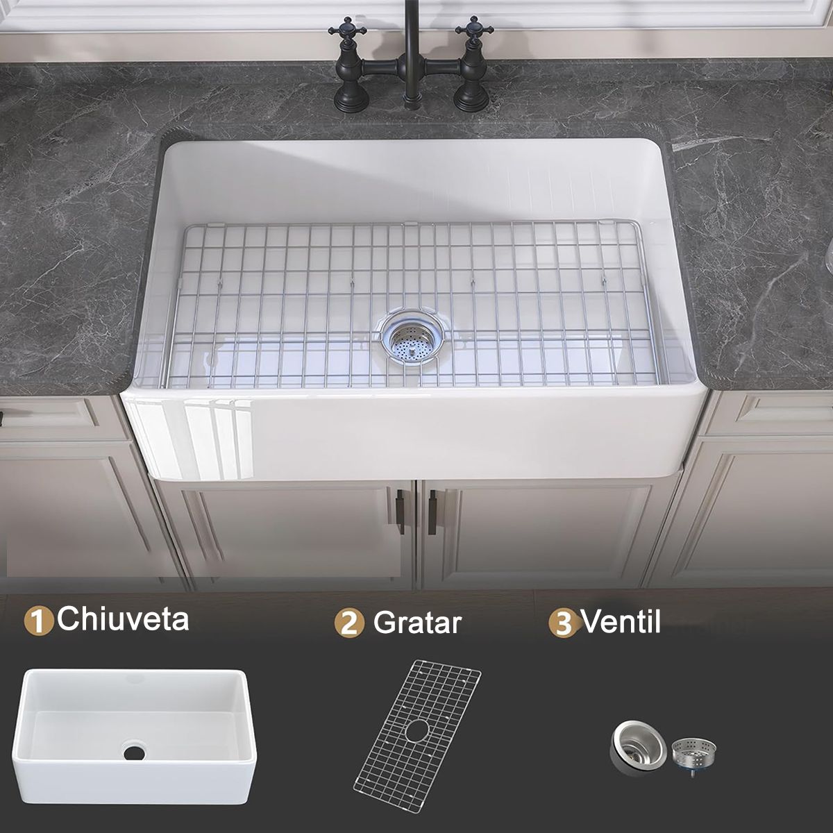 Chiuveta bucatarie, apron front, aparent, stil farmhouse, ceramica, 61x45 cm, alb, Etna