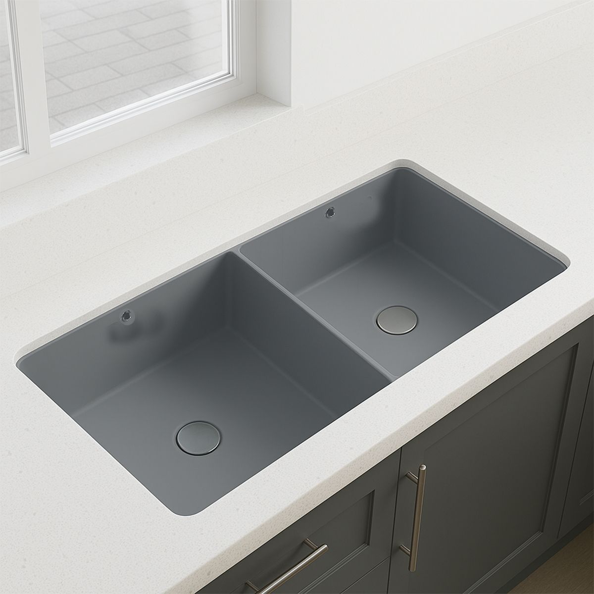 Chiuveta bucatarie dubla, 2 cuve, Gri Mat, Power Color, montaj incastrat sub blat, 105x40 cm, Serena