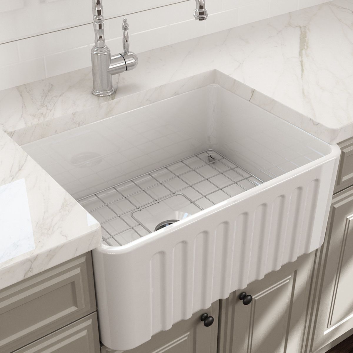 Chiuveta bucatarie, front aparent decorativ, stil farmhouse, material Fireclay, 61x45 cm, Alb, Royalty Line by Ego, Greco