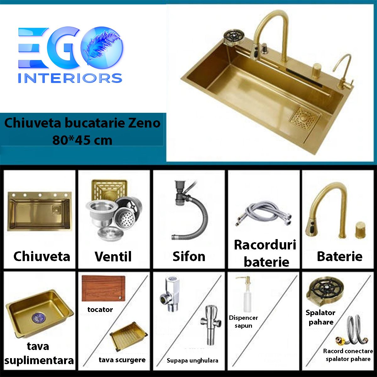 Statie chiuveta Bucatarie, Spalator Pahare, Baterie, Dozator sapun, otel inoxidabil, Auriu Periat, 80x45 cm, Zeno