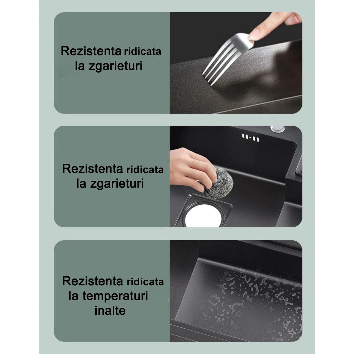 Chiuveta de bucatarie, statie de lucru, Spalator Pahare, Suport Cutite, Vas colectare apa, Gun Black, 85x50 cm, Nico