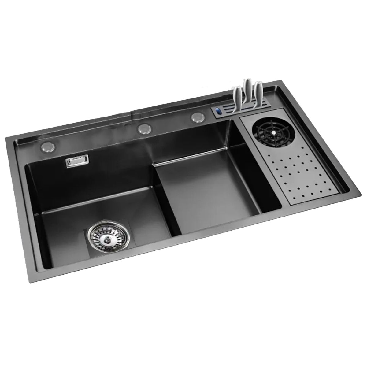 Chiuveta de bucatarie, statie de lucru, Spalator Pahare, Suport Cutite, Vas colectare apa, Gun Black, 85x50 cm, Nico