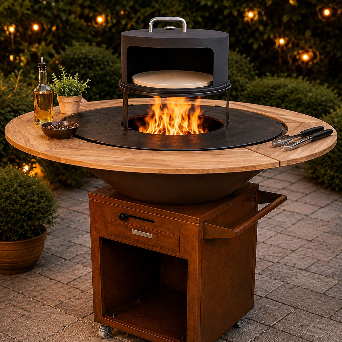 Gratar cu plita din fonta Aurelius, corten 2 mm, blat stejar, spatiu lemne, maner si roti pivotante, Ø100xH100 cm