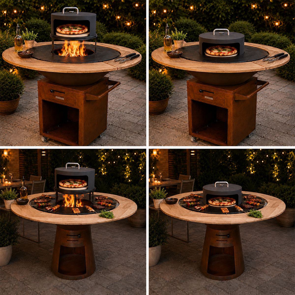 Gratar cu plita din fonta Aurelius, corten 2 mm, blat stejar, spatiu lemne, maner si roti pivotante, Ø100xH100 cm