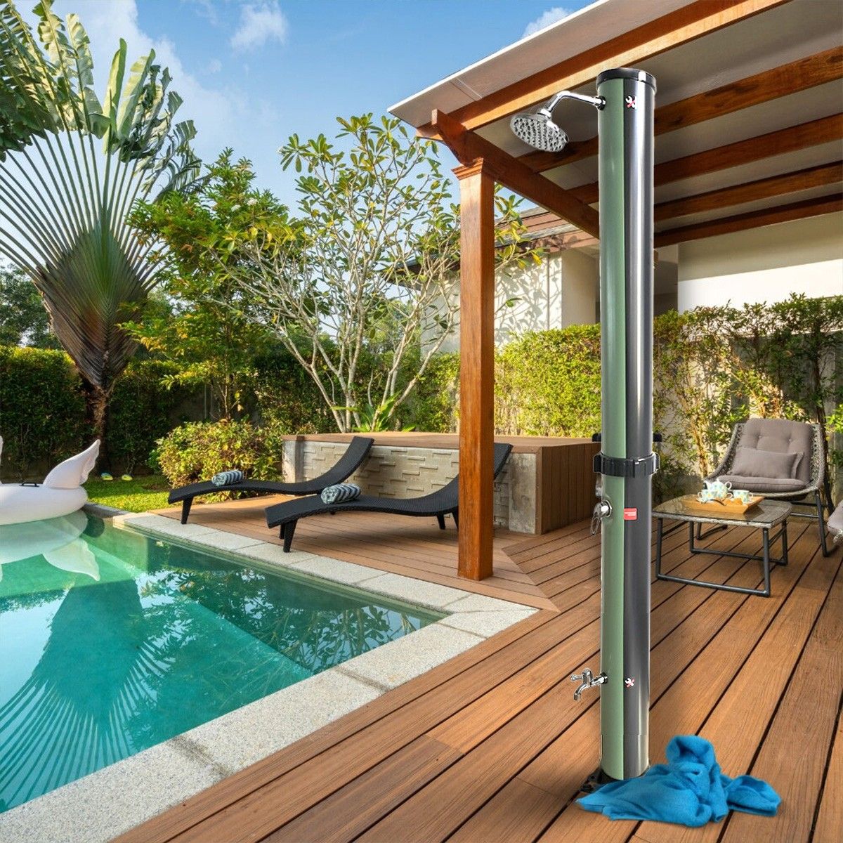 Dus solar pentru gradina si piscina, 38 Litri, dus pentru picioare, cap de dus tip ploaie 15 cm, negru si verde, Valencia