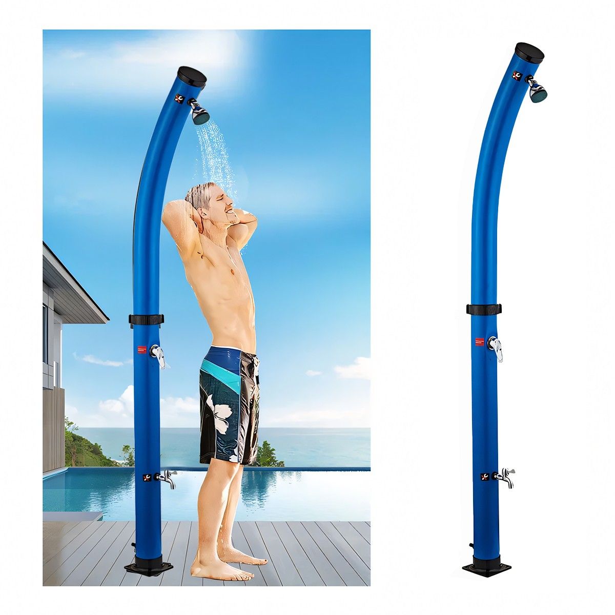 Dus solar pentru gradina si piscina, 20 Litri, robinet pentru picioare, cap de dus tip ploaie, PVC+ABS, Albastru, Sevilia
