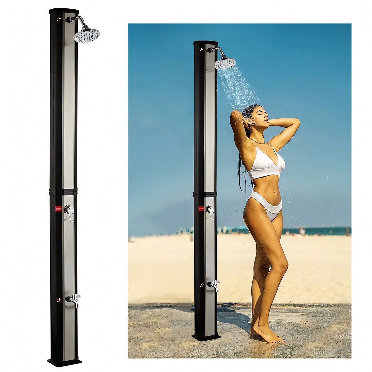 Dus solar pentru gradina si piscina, 35 Litri, robinet pentru picioare, cap de dus tip ploaie, PVC+ABS, Negru Nichel Mat, Cadiz