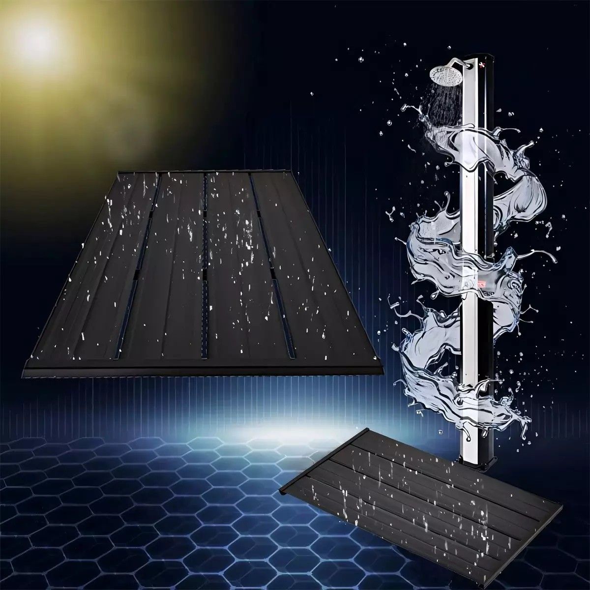 Dus solar 60 Litri, robinet pentru picioare, dus de mana si termometru, cap de dus tip ploaie, PVC+ABS, Albastru Negru, Alicante