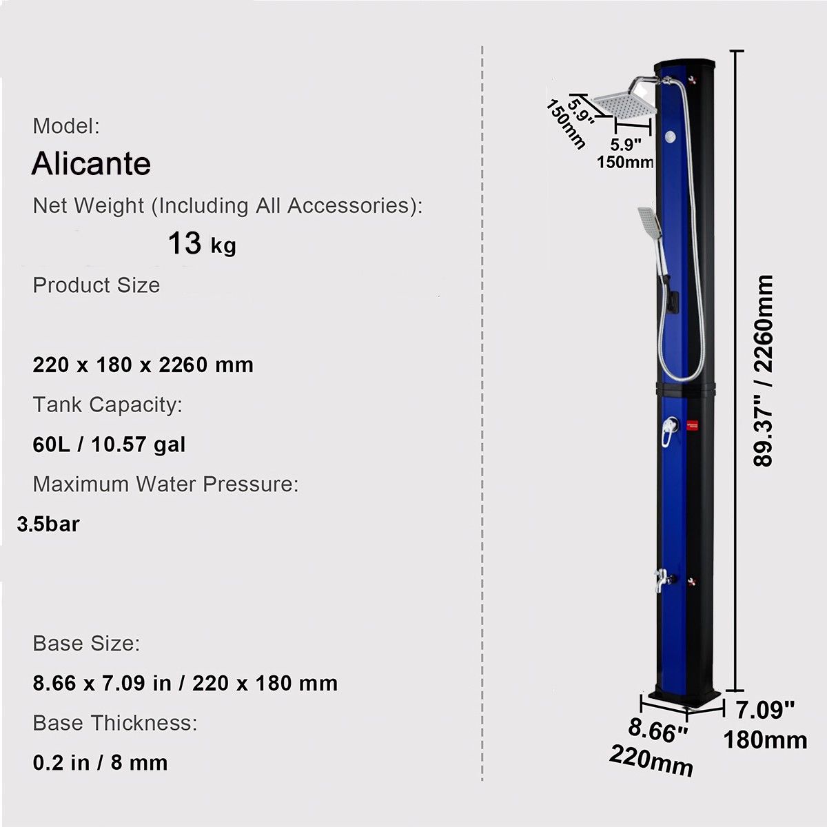 Dus solar 60 Litri, robinet pentru picioare, dus de mana si termometru, cap de dus tip ploaie, PVC+ABS, Albastru Negru, Alicante