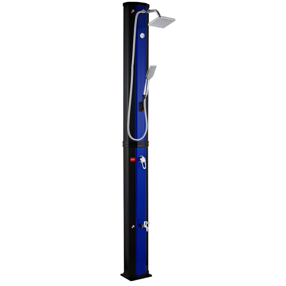 Dus solar de 60 Litri, dus de mana si termometru, dus tip ploaie, robinet pentru picioare, PVC+ABS, Albastru Negru, Alicante