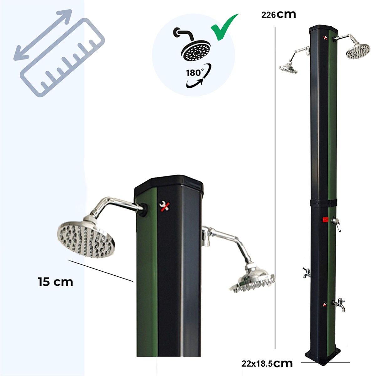 Dus solar dublu pentru gradina si piscina, capacitate 60 Litri, 2 dusuri tip ploaie, 2 dusuri pentru picior, Negru-Verde, Fresco