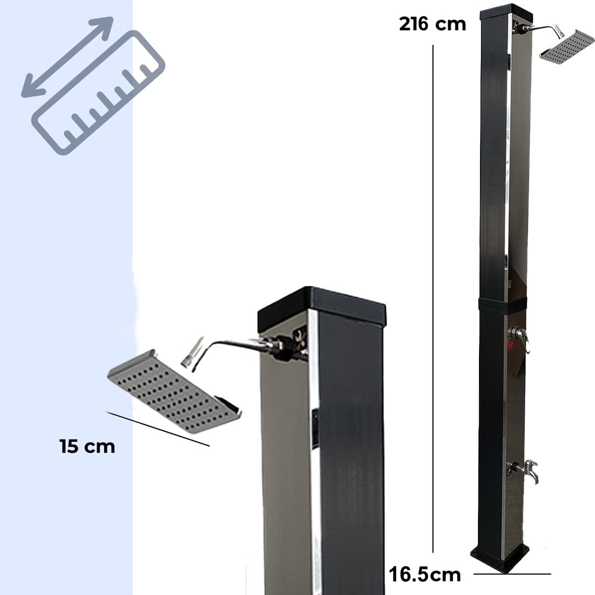 Dus solar pentru gradina si piscina, capacitate de 35 litri, cap de dus tip ploaie 15 cm, Negru-oglinda, Luce