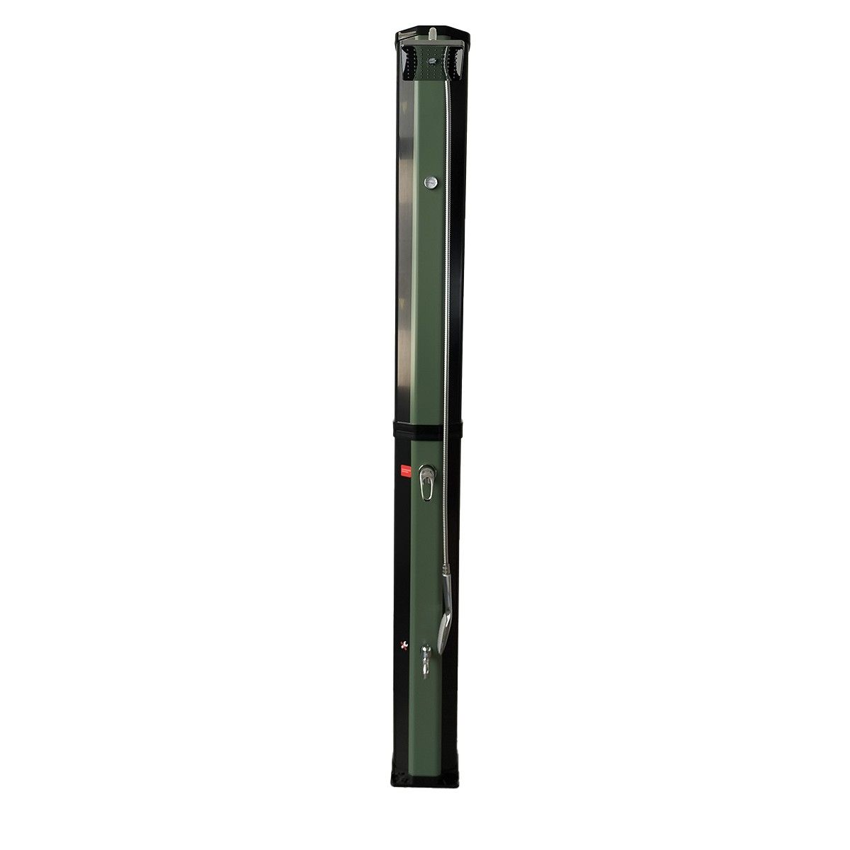 Dus solar, 60 Litri, robinet pentru picioare, dus de mana, termometru, cap de dus tip ploaie, PVC+ABS, Verde Negru, Alicante
