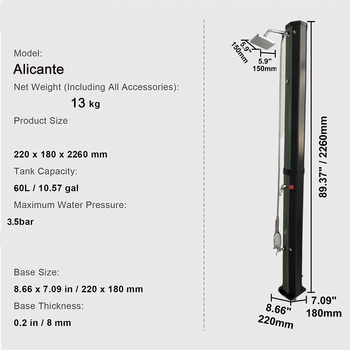 Dus solar, 60 Litri, robinet pentru picioare, dus de mana, termometru, cap de dus tip ploaie, PVC+ABS, Verde Negru, Alicante