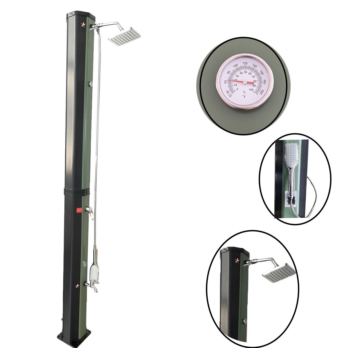 Dus solar, Verde Negru, PVC+ABS, 60 Litri, robinet pentru picioare, dus de mana, termometru, dus tip ploaie, Alicante
