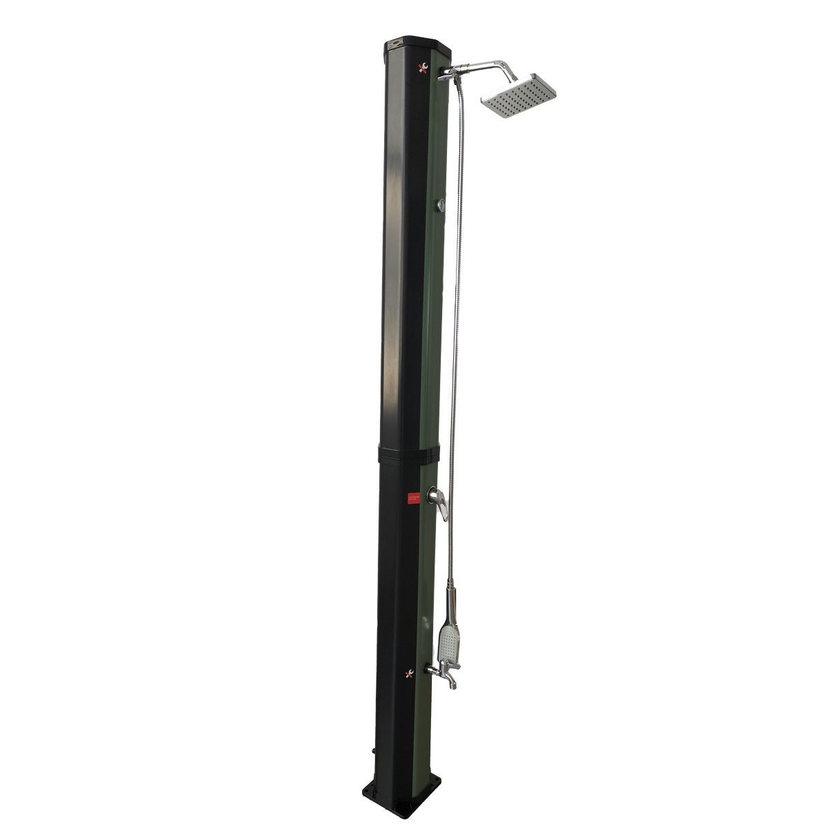 Dus solar, 60 Litri, robinet pentru picioare, dus de mana, termometru, cap de dus tip ploaie, PVC+ABS, Verde Negru, Alicante
