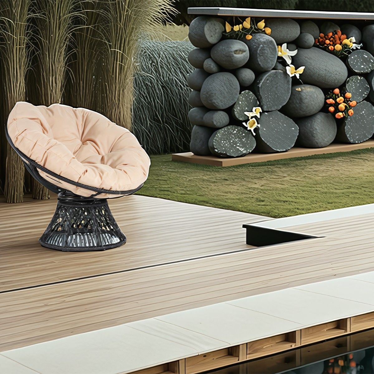 Fotoliu, terasa sau gradina, rotativ 360°, cadru otel, ratan, perna crem inclusa, Bamboo
