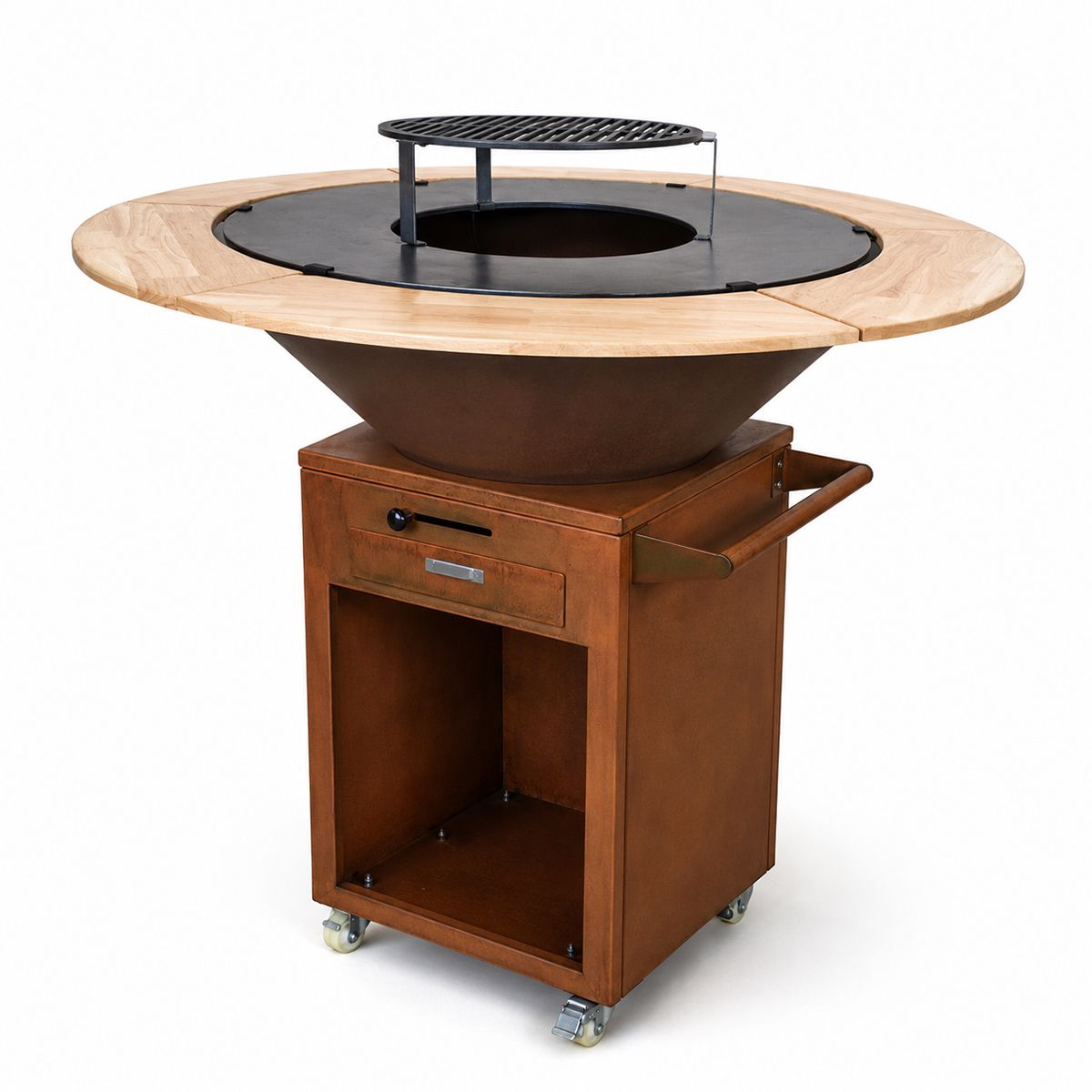 Gratar cu plita din fonta Aurelius, corten 2 mm, blat stejar, spatiu lemne, maner si roti pivotante, Ø100xH100 cm