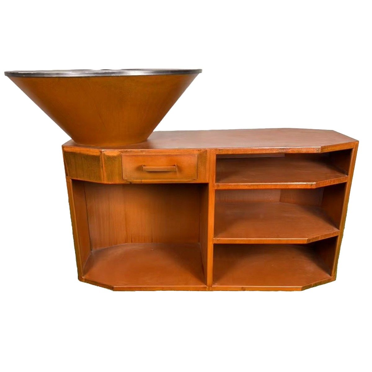 Gratar pe lemn cu plita mare de gatit, suport pentru lemne, 3 rafturi, otel corten , dia 85x130x100 cm, Ruginiu, Solis