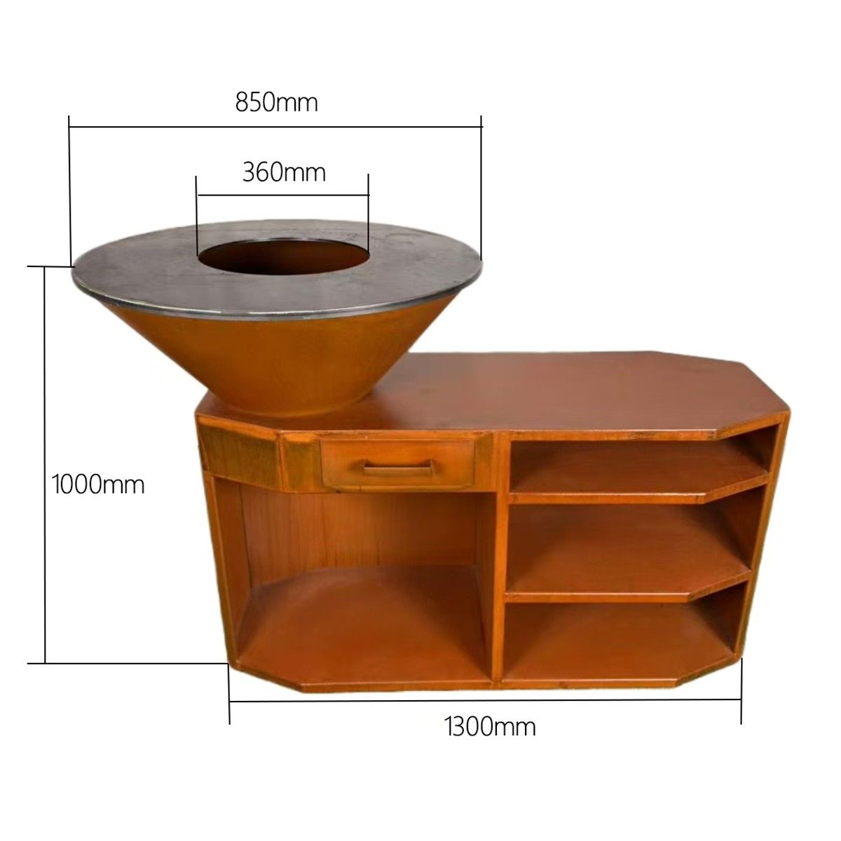 Gratar pe lemn cu plita mare de gatit, suport pentru lemne, 3 rafturi, otel corten , dia 85x130x100 cm, Ruginiu, Solis
