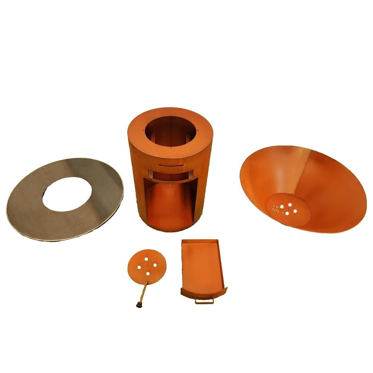 Gratar pe lemn cu plita mare de gatit, depozitare lemne, otel corten de 2mm, diametru 100 sau 85 cm, Ruginiu, Infinity Glow