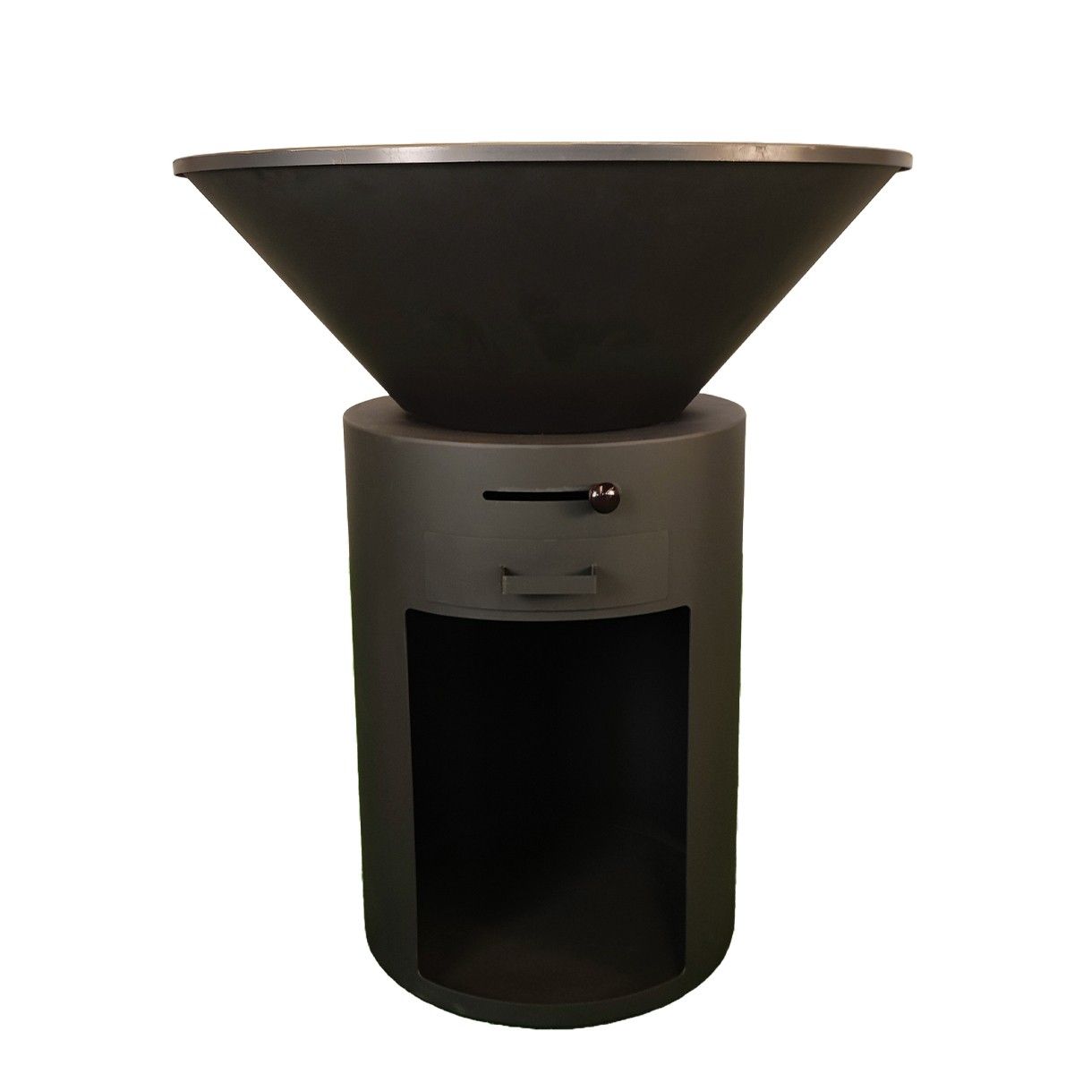 Gratar pe lemn cu plita mare de gatit, depozitare lemne, otel corten de 2mm, diametru 100 sau 85 cm, Negru, Infinity Glow