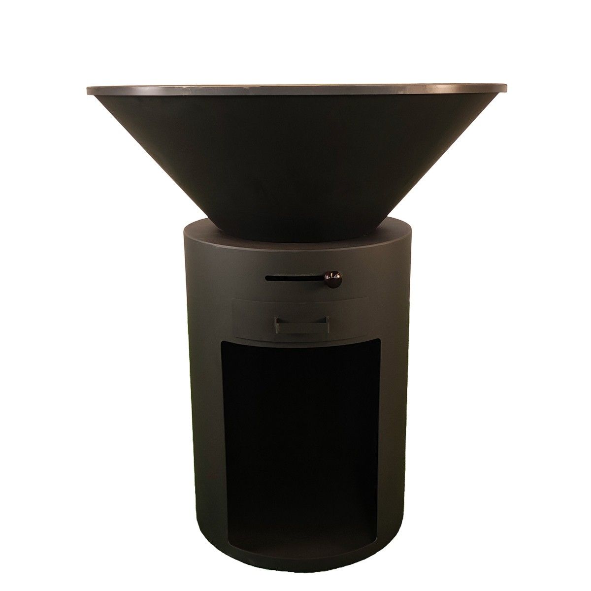 Gratar pe lemn cu plita mare de gatit, depozitare lemne, otel corten de 2mm, diametru 100 sau 85 cm, Negru, Infinity Glow