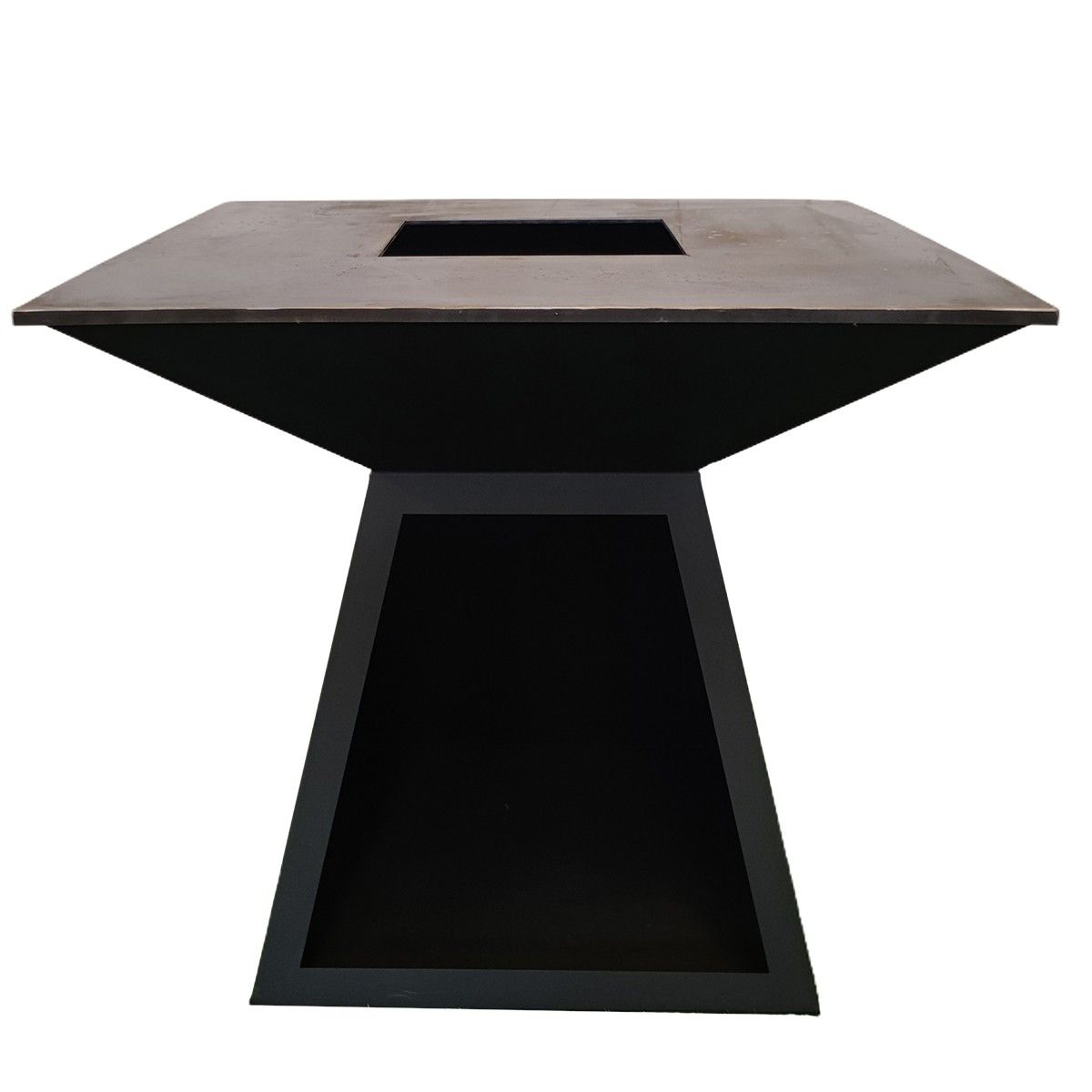 Gratar pe lemn cu plita mare din fonta, otel corten 2 mm, spatiu pentru lemne, 100x100x90 cm, Negru, Rustico