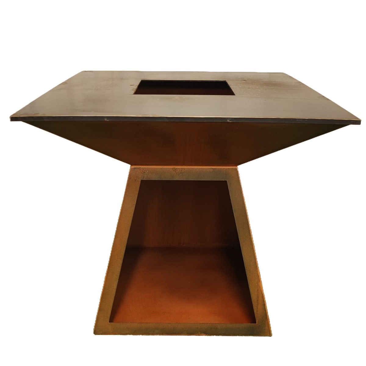 Gratar pe lemn cu plita, suprafata mare de gatit, spatiu pentru lemne, otel corten de 2 mm, 100x100x90 cm, Ruginiu, Rustico