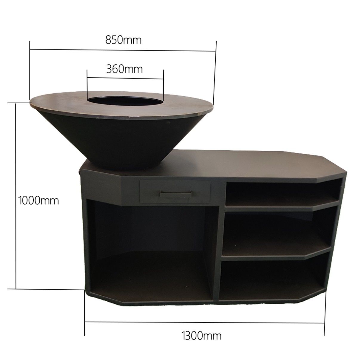 Gratar pe lemn cu plita mare de gatit, suport lemne, 3 rafturi, otel corten, dia 85x130x100 cm, Negru, Solis
