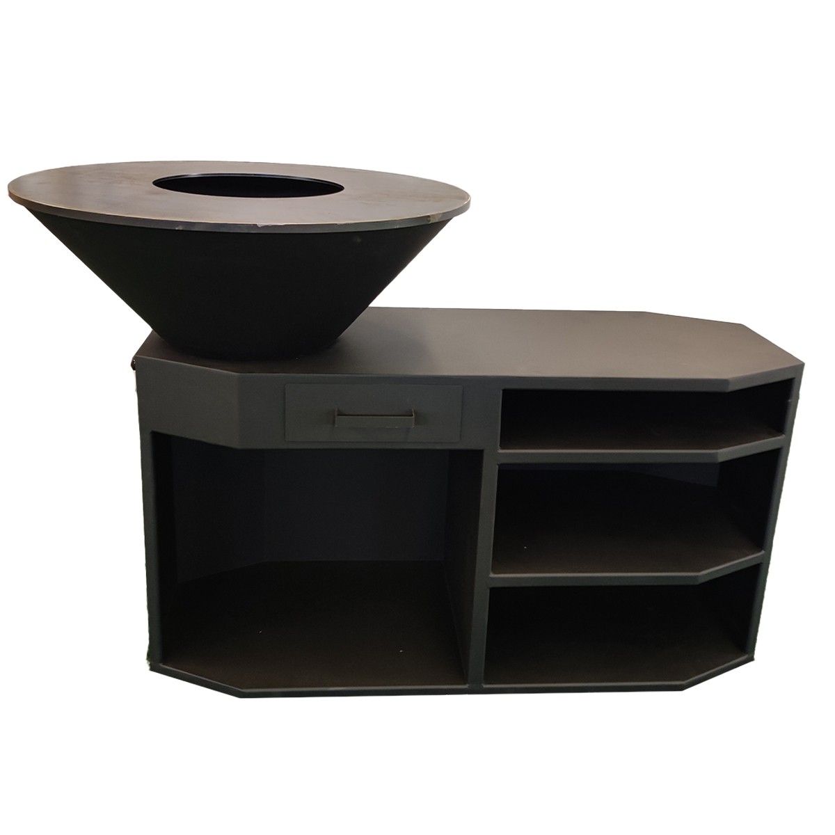 Gratar pe lemn cu plita mare de gatit, suport lemne, 3 rafturi, otel corten, dia 85x130x100 cm, Negru, Solis