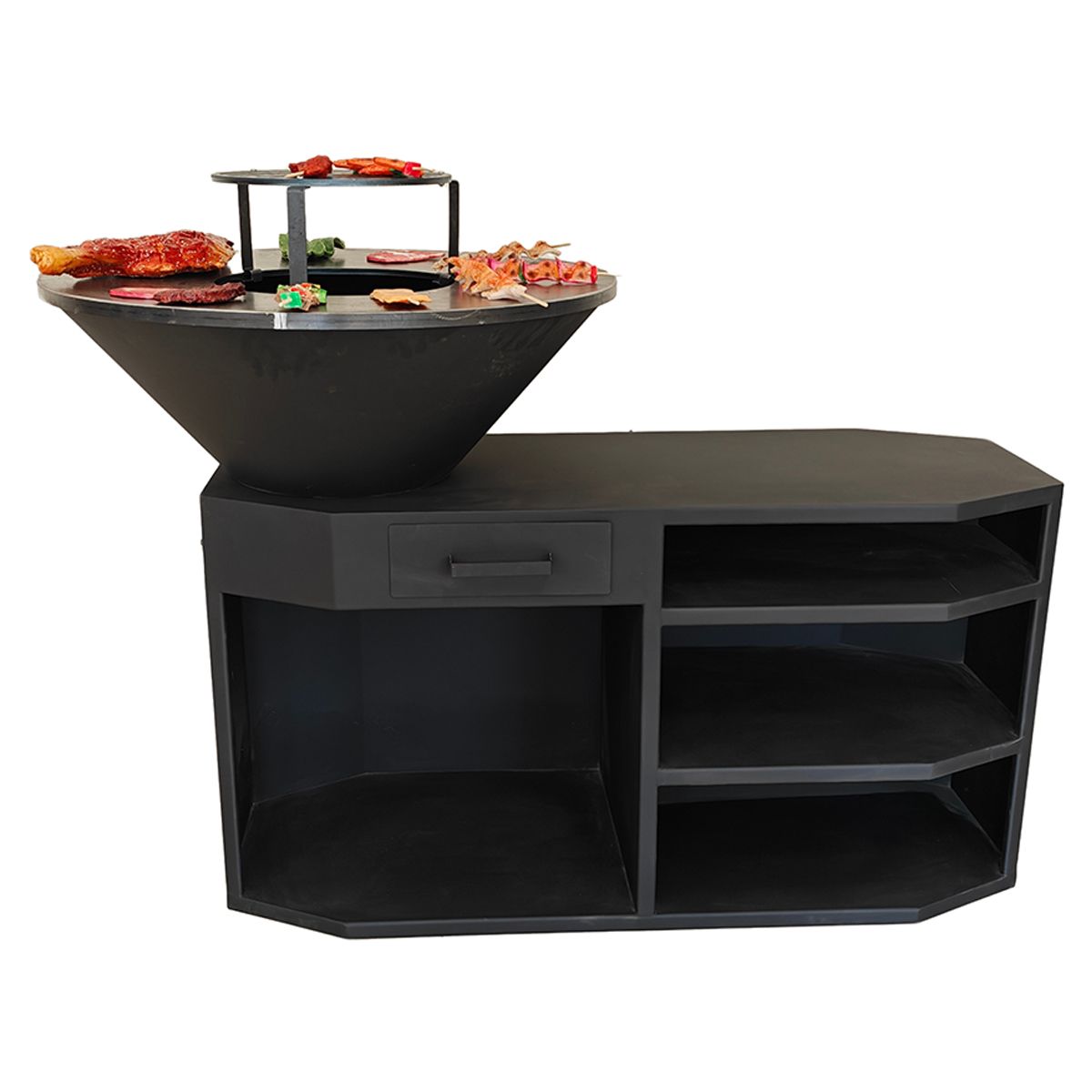 Gratar pe lemn,3 rafturi, cu plita mare din fonta, suport lemne, otel corten, dia 85x130x100 cm, Negru, Solis