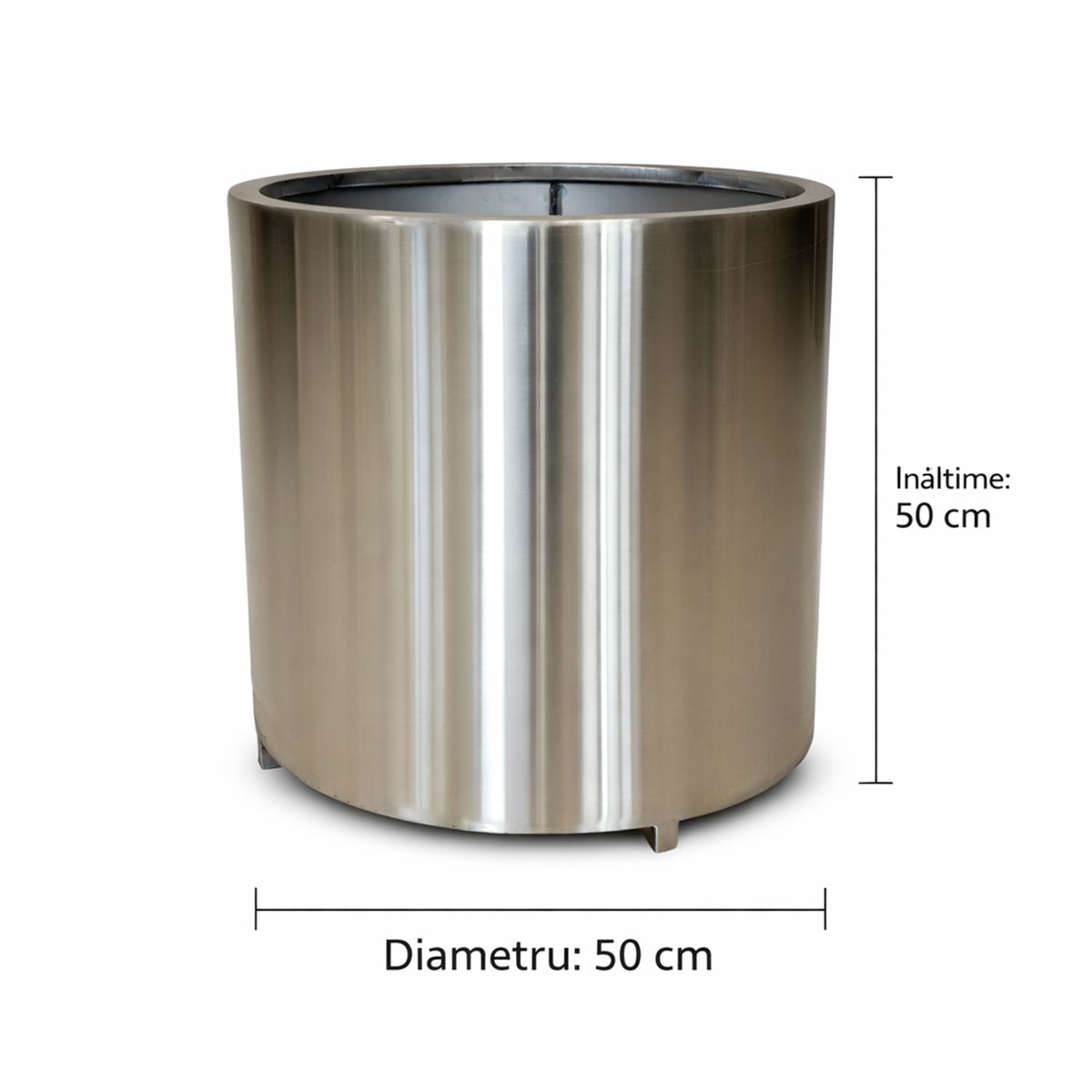 Jardiniera cilindrica, diametru de 50,70,100 cm otel inoxidabil de 1 mm, Crom Mat, Polaris