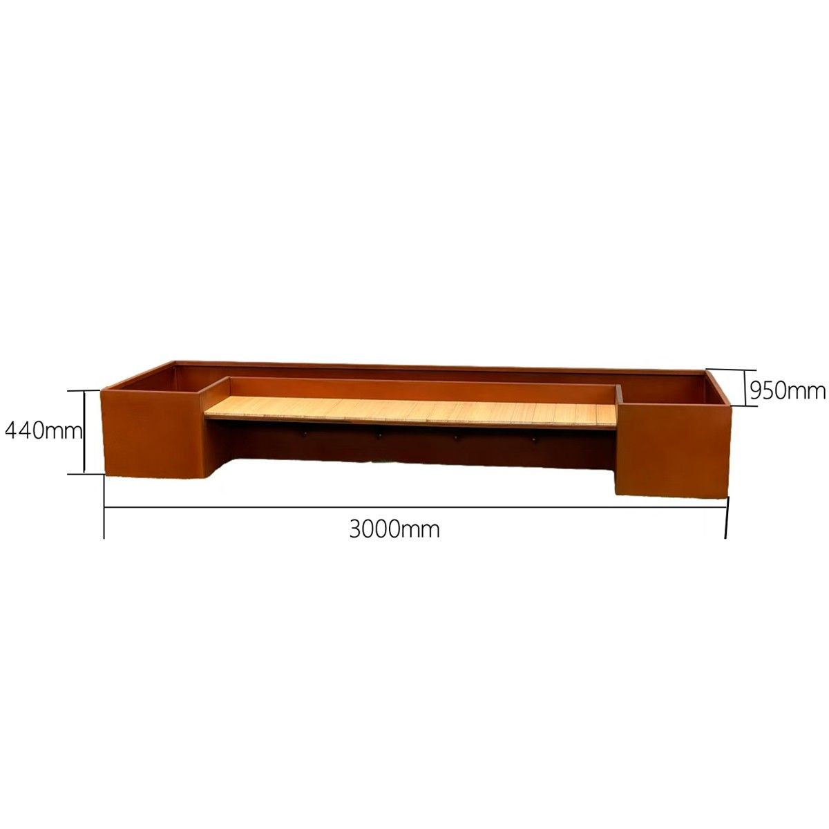 Jardiniera, cu banca integrata din lemn, otel corten de 2 mm, dimensiuni: 300x95x44 cm, FloraStep