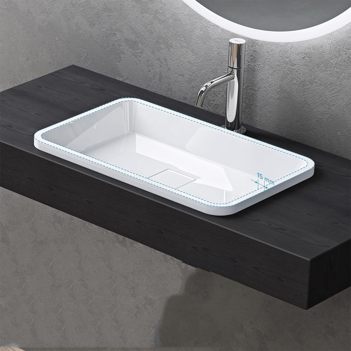 Lavoar 104, Alb, lucios, 60-53x33-38 cm, montaj semi-incastrat, compozit marmura, scurgere ascunsa