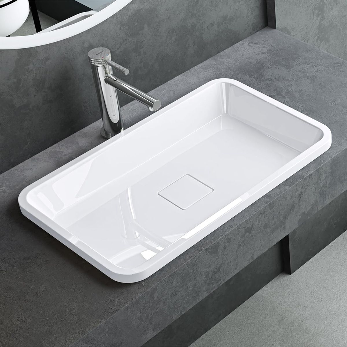 Lavoar 104, Alb, lucios, 60-53x33-38 cm, montaj semi-incastrat, compozit marmura, scurgere ascunsa