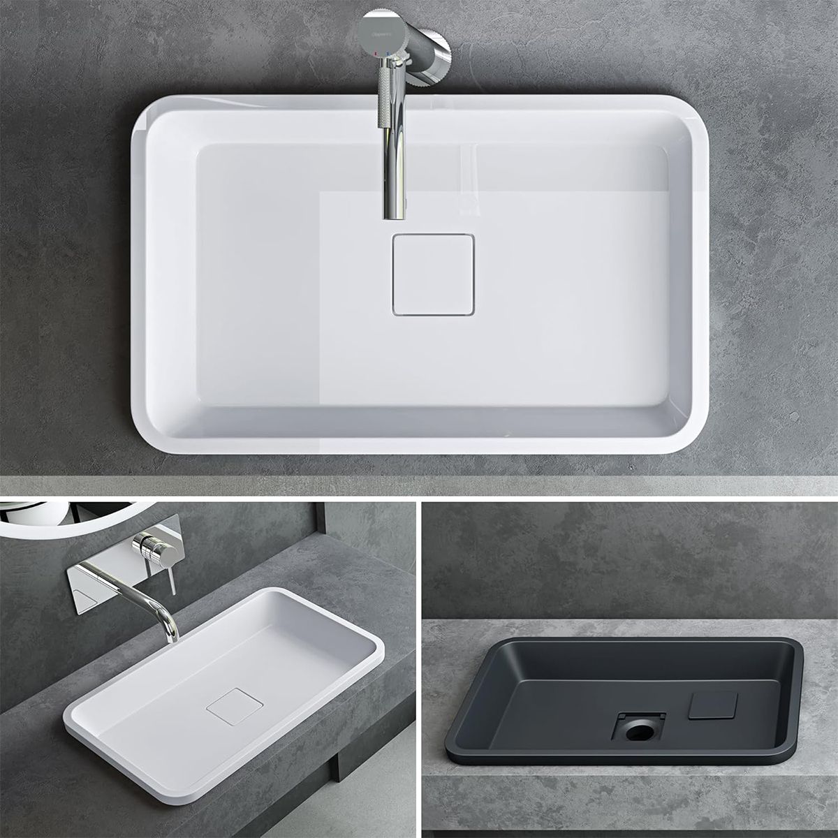 Lavoar 104, Alb, lucios, 60-53x33-38 cm, montaj semi-incastrat, compozit marmura, scurgere ascunsa