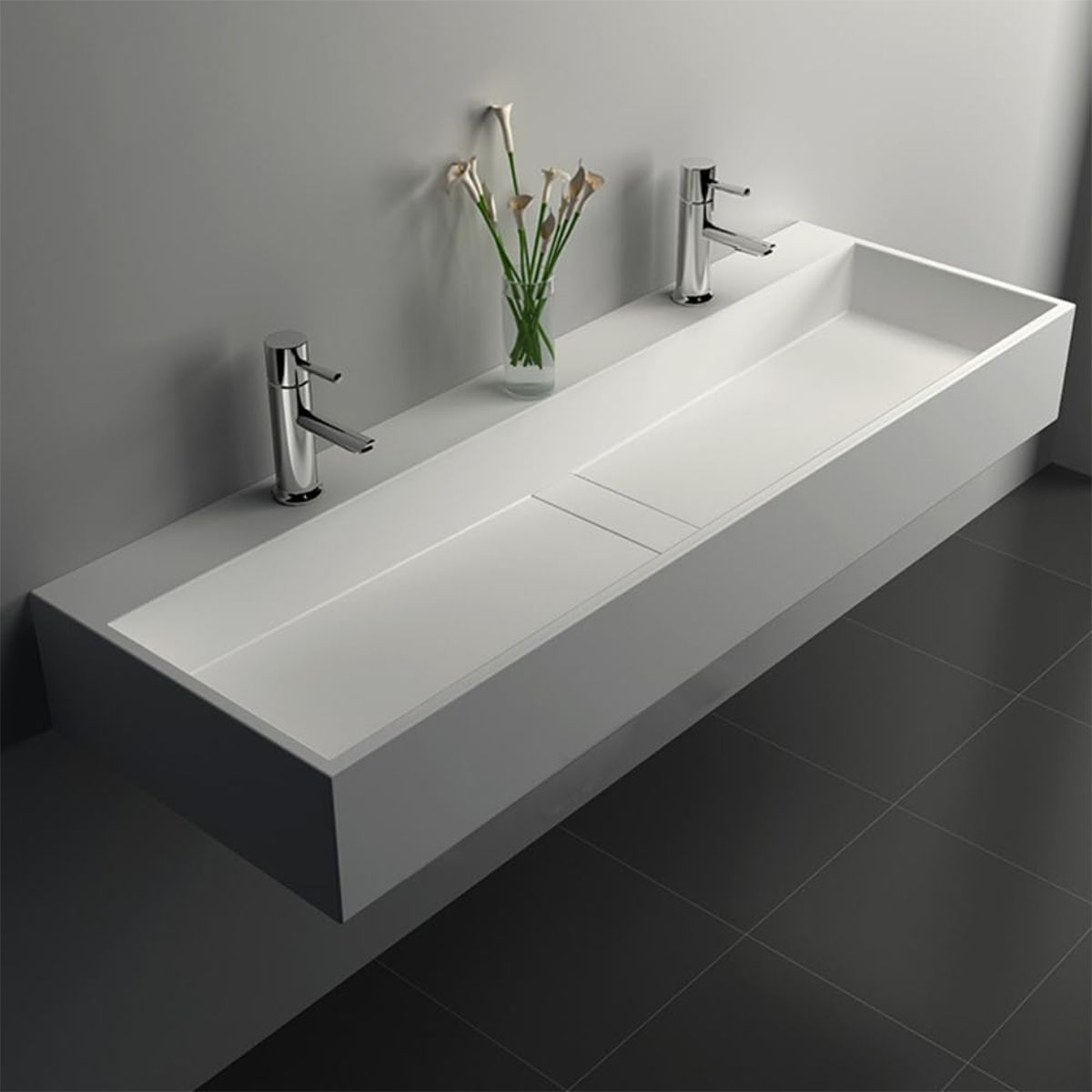 Lavoar 6028, Alb Mat, 120x40 cm, scurgere ascunsa, cu 2 gauri de baterie, montaj pe blat, compozit mineral