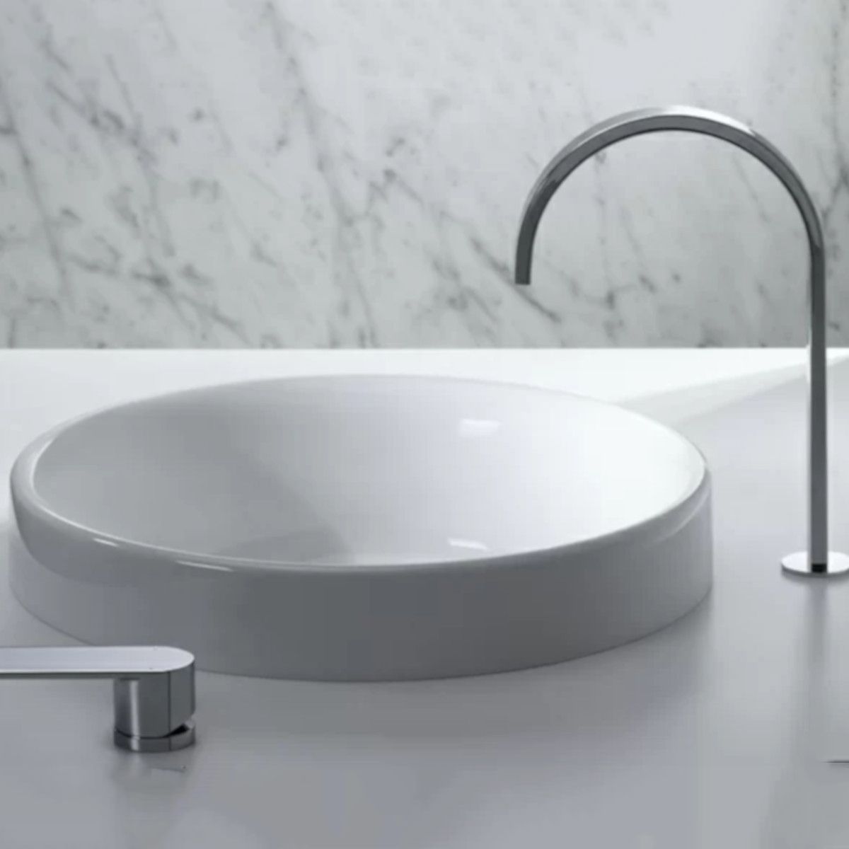 Lavoar, Alb, diametru 40 cm, fara gaura de baterie, montaj semi-incastrat, ceramica sanitara, Globus