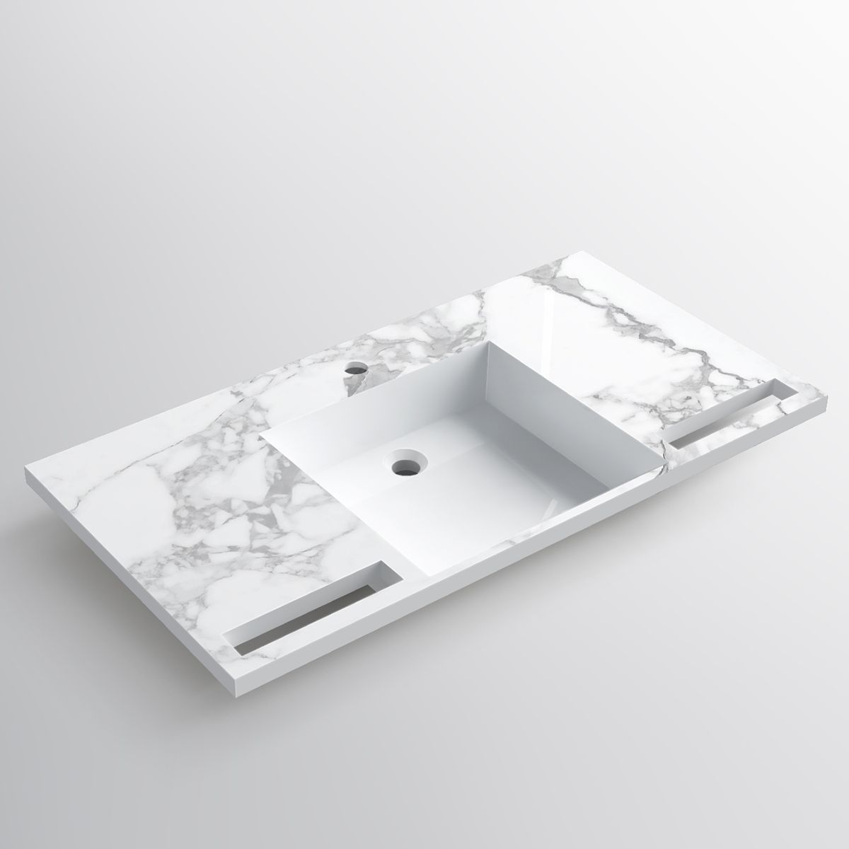Lavoar, Alb finisaj Carrara Arabescato, suport prosoape, compozit, montaj suspendat pe perete sau incastrat, 105-125x55, Fuente