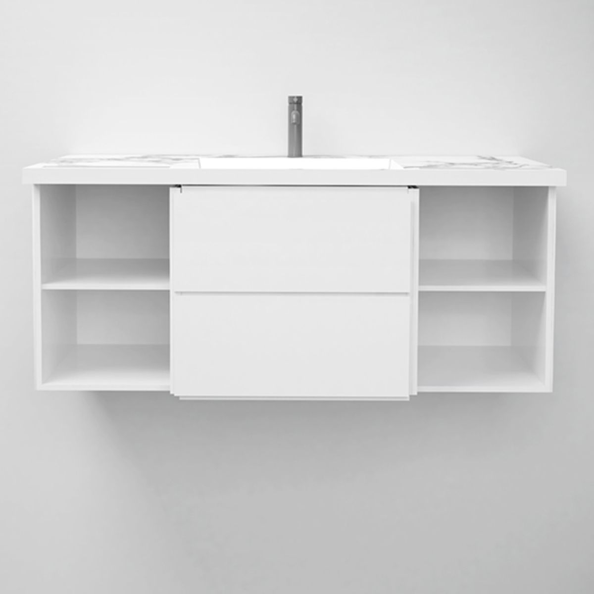 Lavoar, Alb finisaj Carrara Arabescato, suport prosoape, compozit, montaj suspendat pe perete sau incastrat, 105-125x55, Fuente