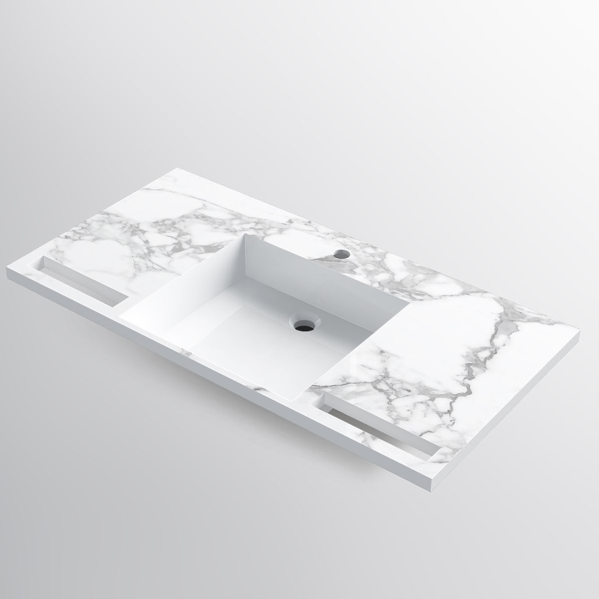 Lavoar, Alb finisaj Carrara Arabescato, suport prosoape, compozit, montaj suspendat pe perete sau incastrat, 105-125x55, Fuente