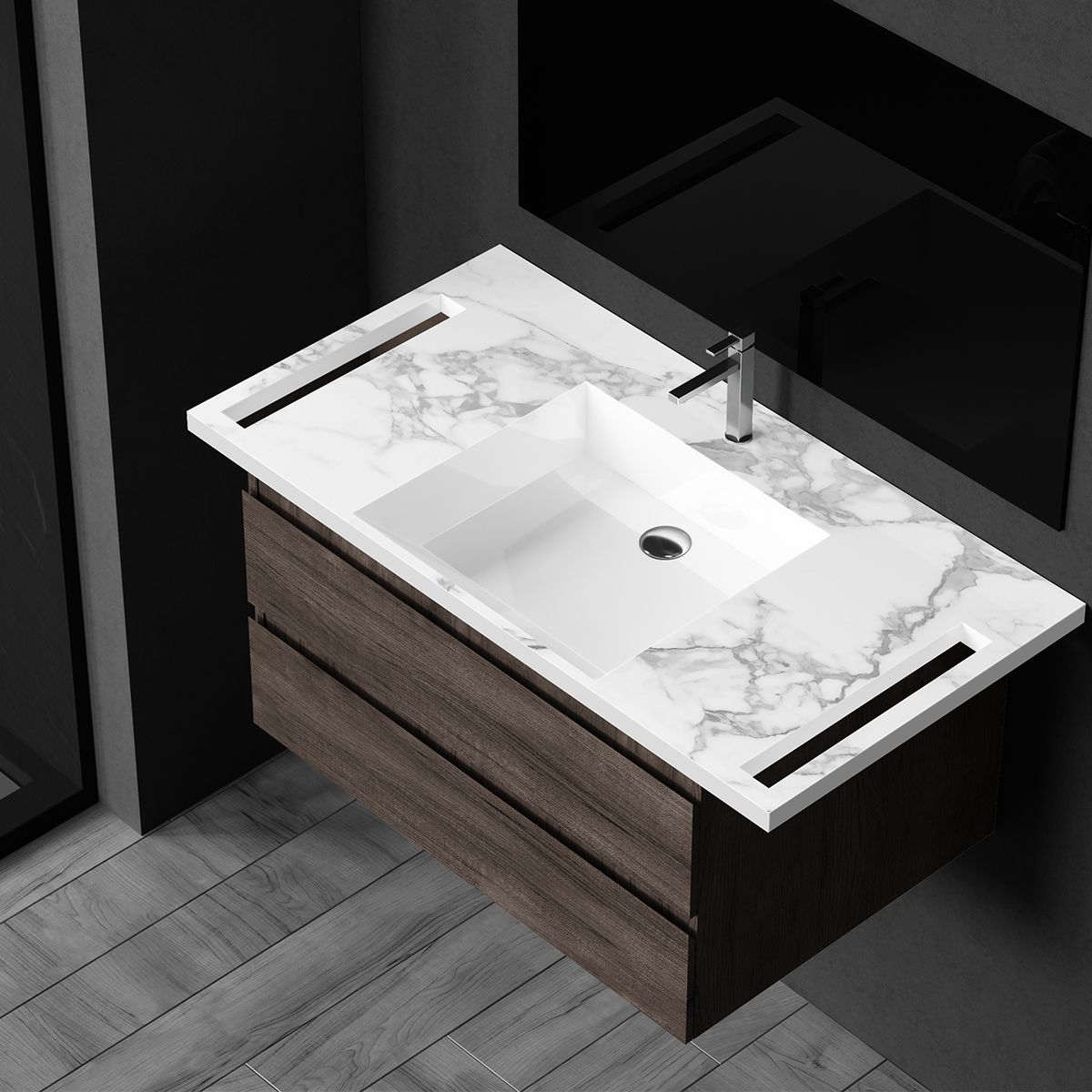 Lavoar, Alb  finisaj Carrara Arabescato, suport prosoape, compozit, montaj suspendat sau semi-incastrat, 105x55 cm, Lavanda