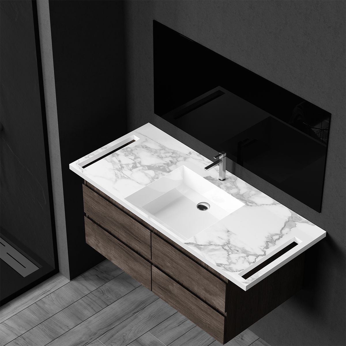 Lavoar, Alb  finisaj Carrara Arabescato,  suport prosoape, compozit, montaj suspendat sau semi-incastrat, 125x55 cm, Lavanda