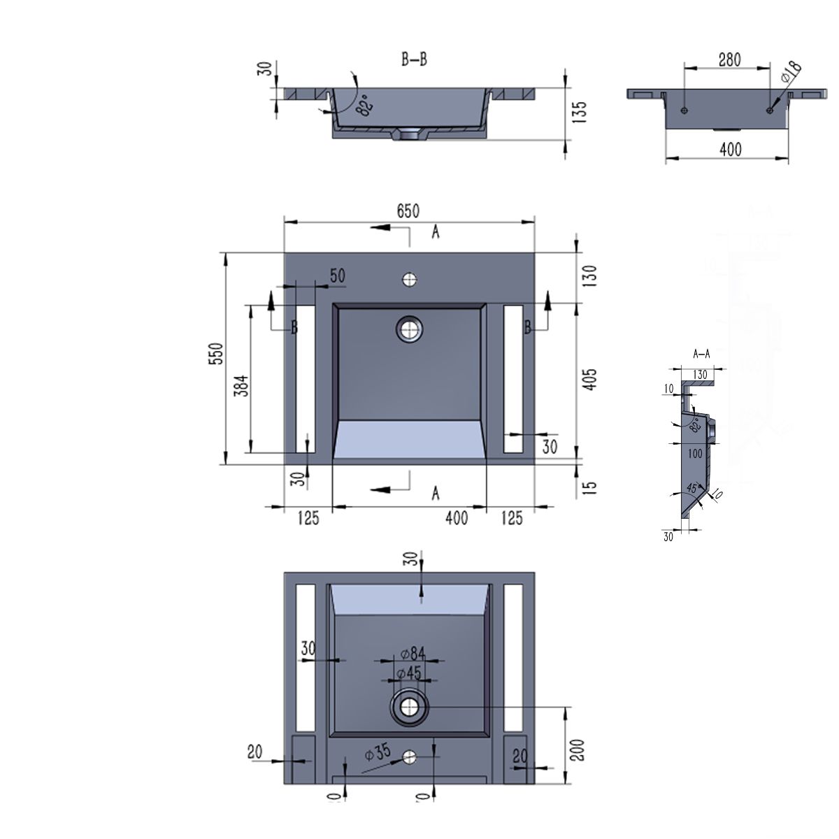 Lavoar, Alb finisaj Carrara Arabescato, suport prosoape, compozit, montaj suspendat sau semi-incastrat, 65x55 cm, Lavanda