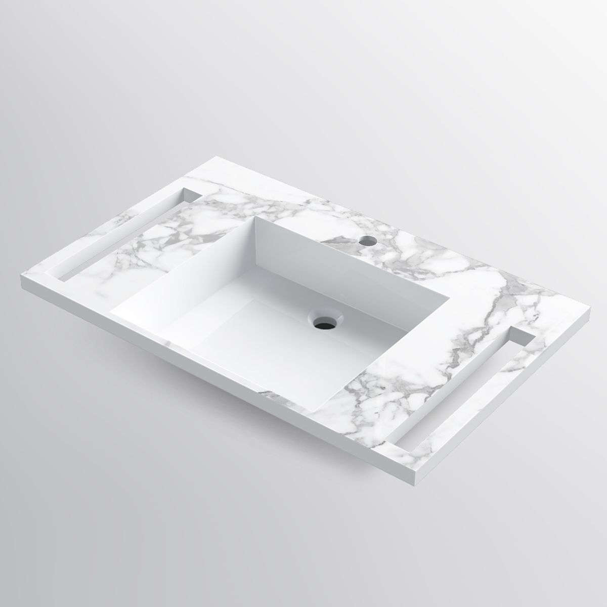 Lavoar, Alb finisaj Carrara Arabescato, suport prosoape laterale, compozit, montaj suspendat semi-incastrat, 85x55 cm, Lavanda